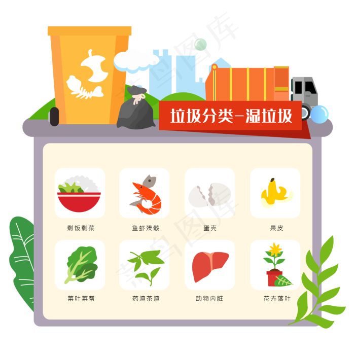 垃圾分类湿垃圾矢量图,免抠元素