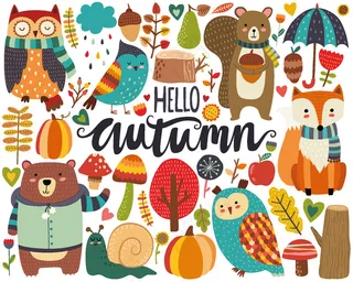 卡通彩色森系手绘小动物装饰画素材