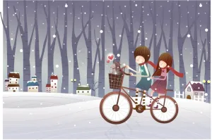 雪地里骑单车的情侣 AI矢量素材