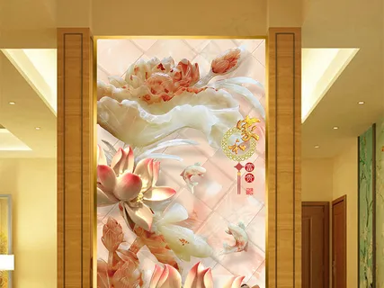 玉雕荷花家和富贵玄关壁画