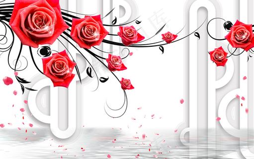 红玫瑰3D立体电视背景墙图片下载