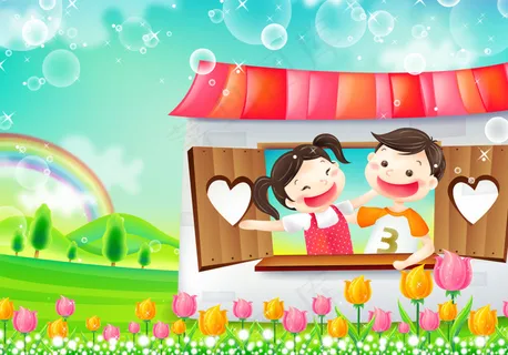 卡通花卉彩虹房子背景