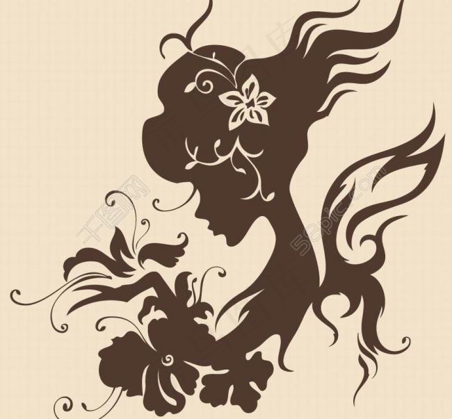 梦幻花纹女孩剪影图片eps,ai矢量模版下载