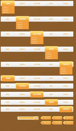 黄色网页下拉菜单导航条PSD素材