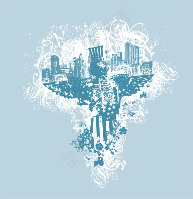 骷髅潮流建筑插画