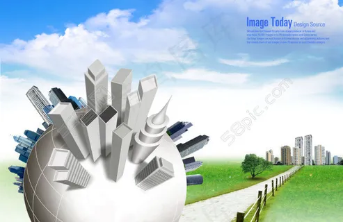 草地上的篱笆小路和抽象楼群