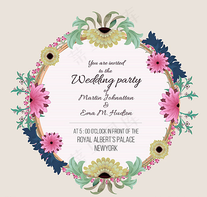 彩色花卉婚礼邀请卡图片