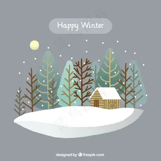 与树环绕的小屋的快乐冬天的说明