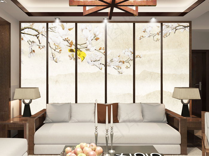 新中式电视背景墙藏蓝色工笔花鸟ps...