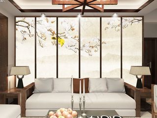 新中式电视背景墙藏蓝色工笔花鸟ps...