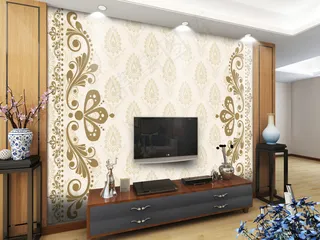 咖啡色复古花纹边框简约电视机背景墙...