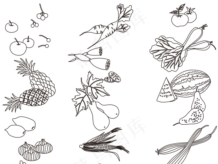 2017中式复古白描蔬菜瓜果装饰画...