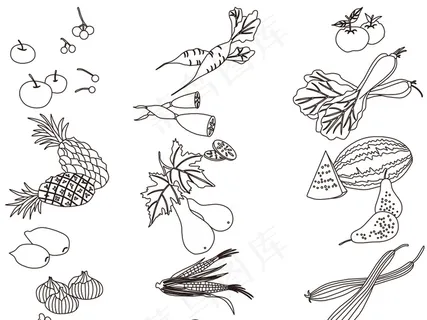 2017中式复古白描蔬菜瓜果装饰画...