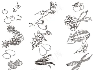 2017中式复古白描蔬菜瓜果装饰画...