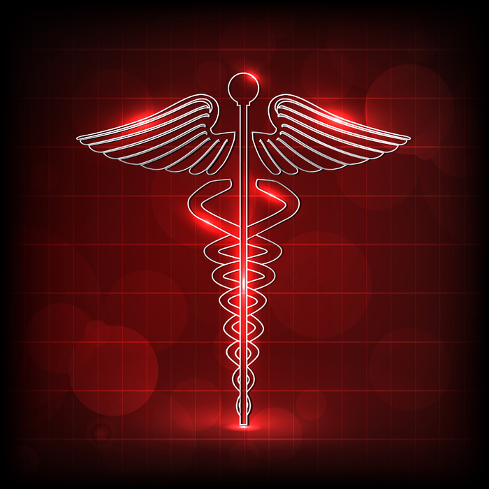 在闪亮的红色背景医疗符号抽象医学概...