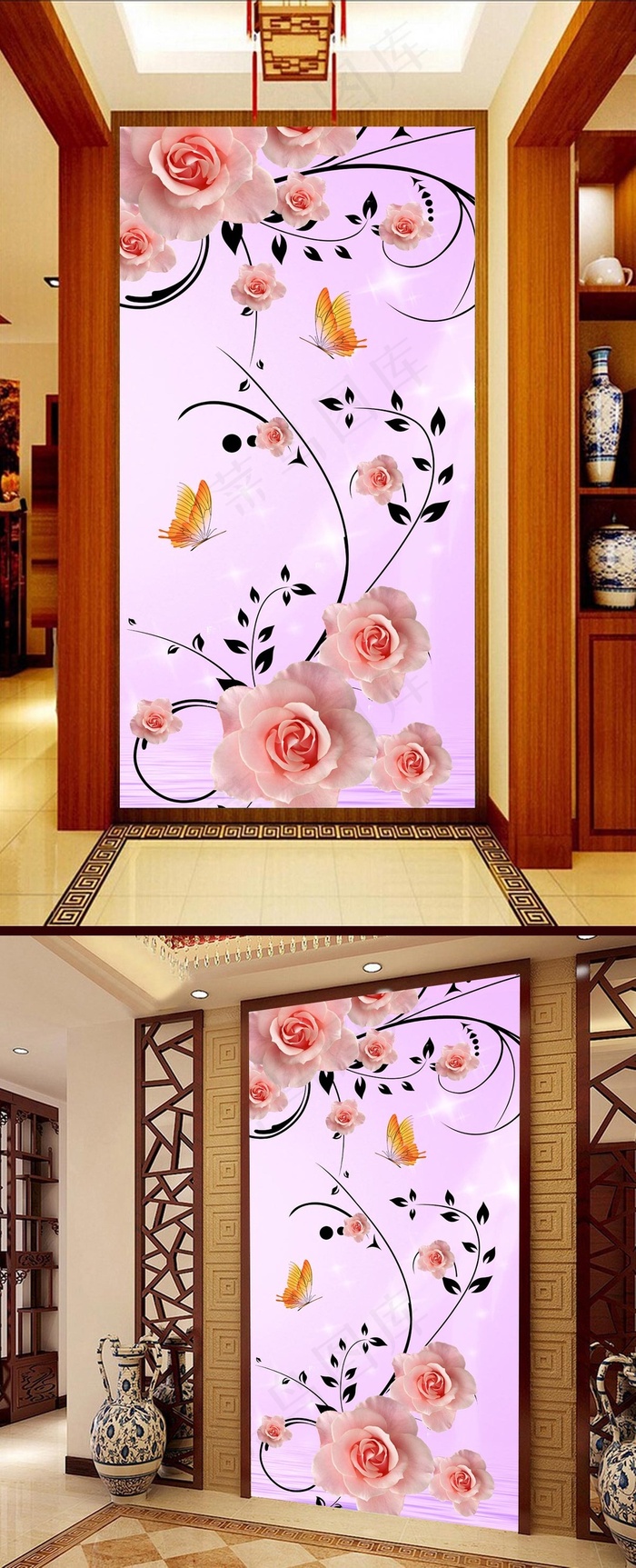 浪漫粉色玫瑰花倒影3D玄关壁画背景...