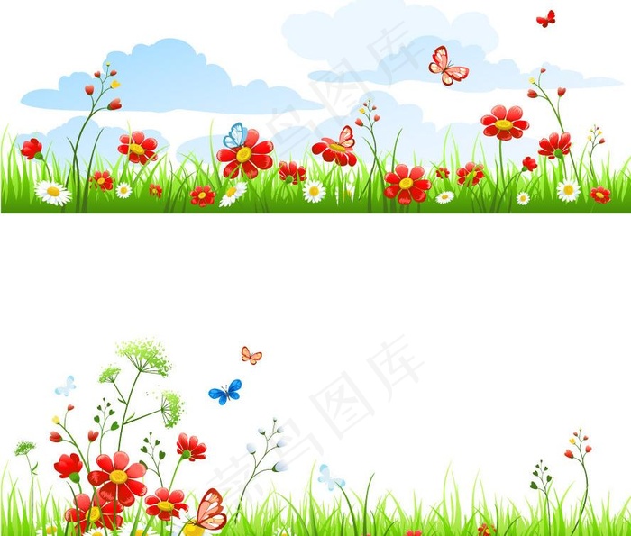 草地鲜花蝴蝶 春天背景图片