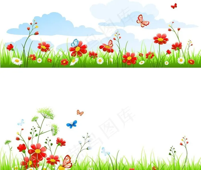 草地鲜花蝴蝶 春天背景图片eps,ai矢量模版下载