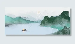 江月渔火水墨画中国风山水PNG江月渔火水墨画中国风山水PNG