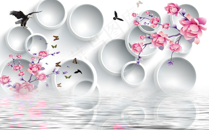 3D阴影圆形浪漫倒影玫瑰背景墙(9071X5669(DPI:72))psd模版下载