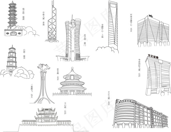 11个城市著名新建筑矢量素材ai矢量模版下载
