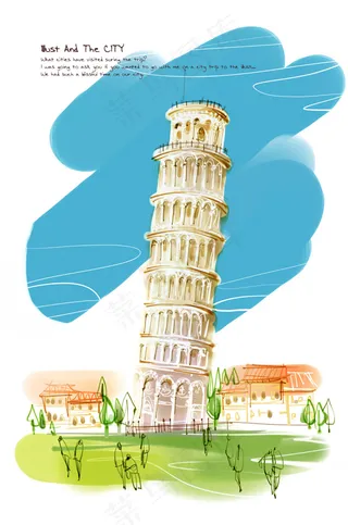 比萨斜塔春意盎然PSD素材