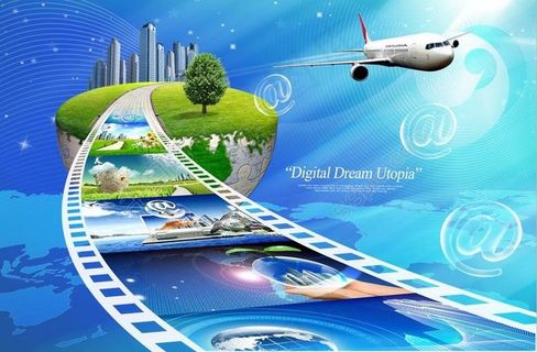 蓝色科技飞机和高楼