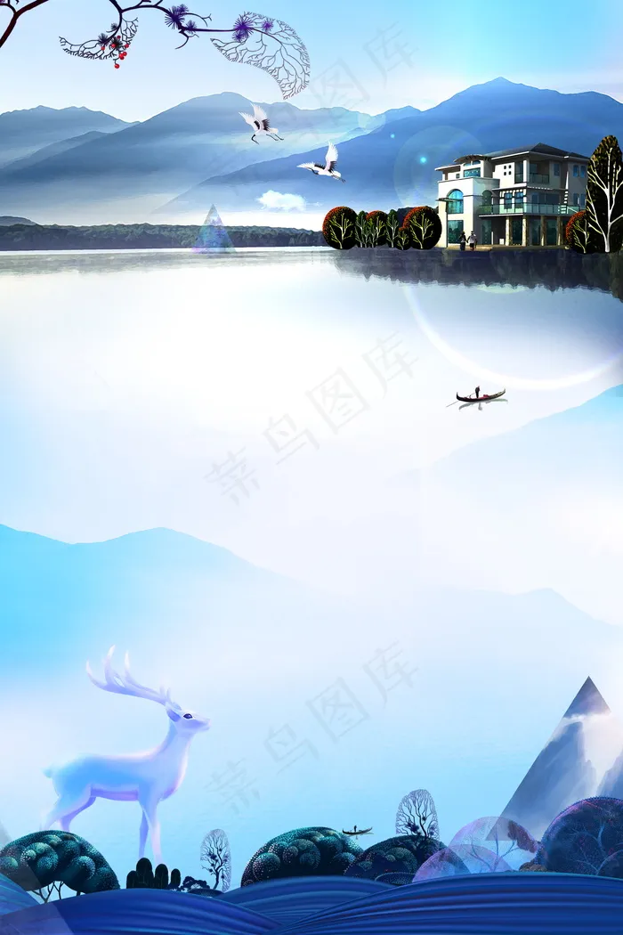 地产湖景生态洋房别墅广告背景素材