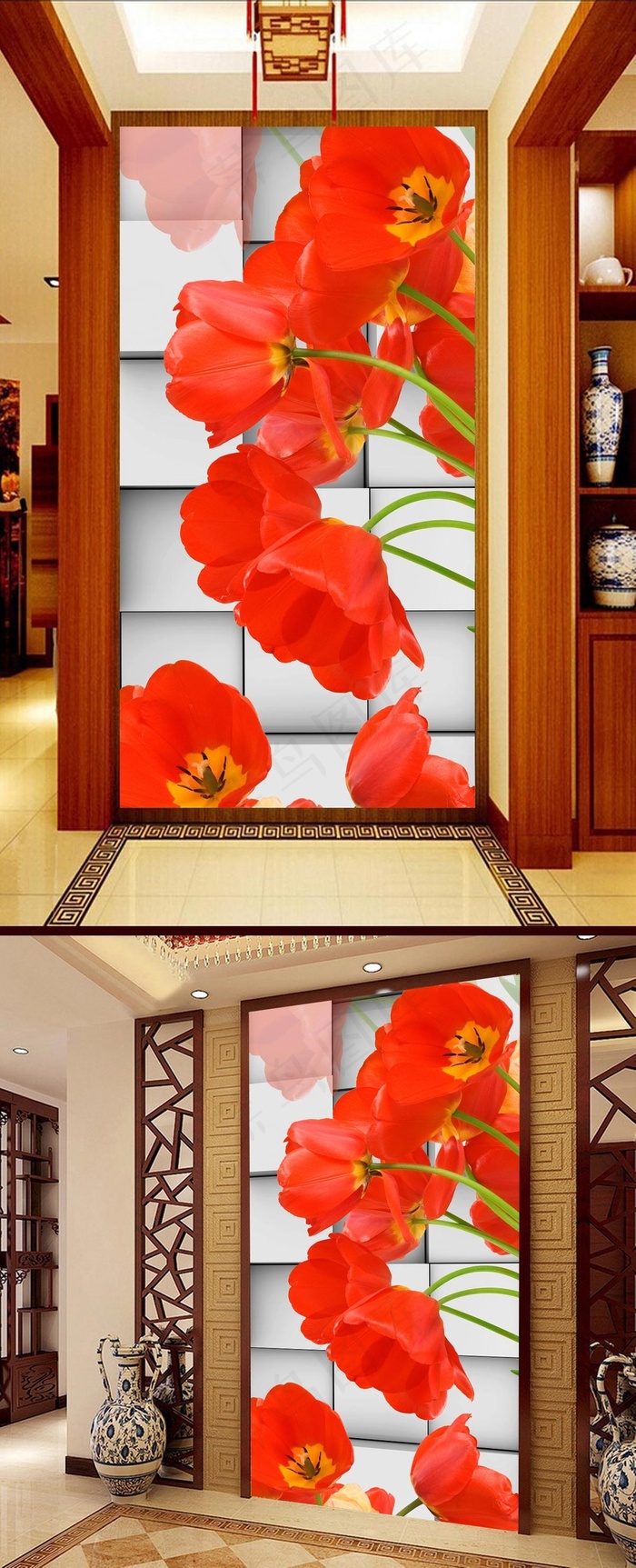 浪漫红色花朵3D立体玄关壁画背景墙