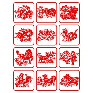 精美红色12生肖剪纸设计矢量素材