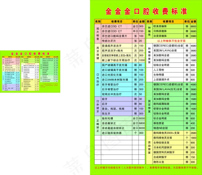口腔科收费标准cdr矢量模版下载
