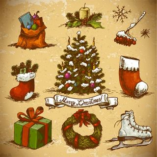 圣诞节手绘圣诞花环,矢量素材