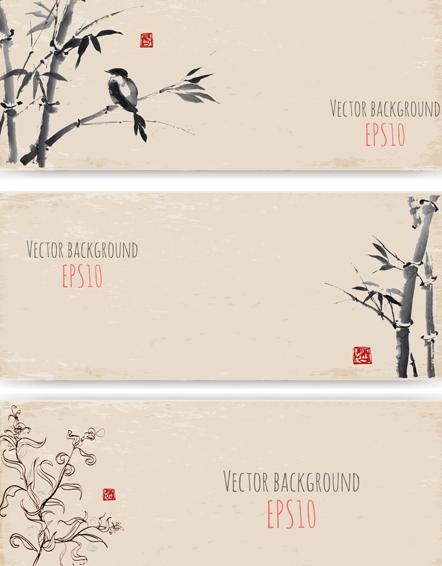 水墨竹banner矢量01