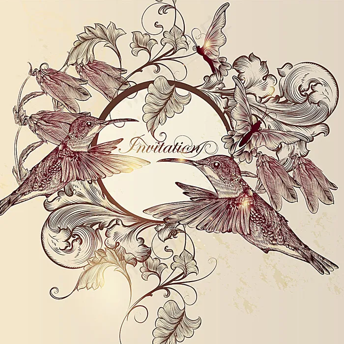 蜂鸟蝴蝶花纹背景ai矢量模版下载