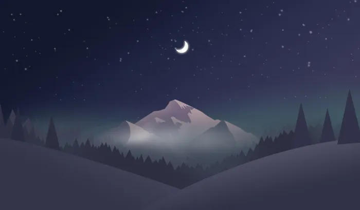 树林月亮繁星山脉紫黑色夜晚插画psd矢量