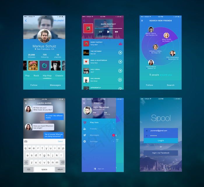 蓝色风格音乐社交APP模板spoo...psd模版下载