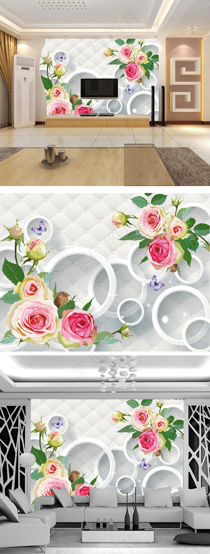 3D立体软包玫瑰花电视背景墙(9071X6803(DPI:72))psd模版下载