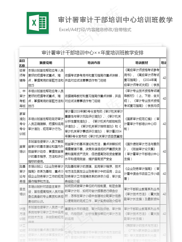 审计署审计*培训中心培训班教学表...