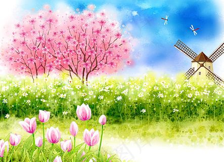 春之韵乡村风车风光PSD分层模板