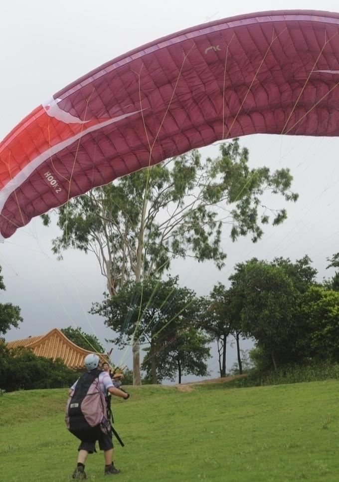 在公园的草坪上逗滑翔伞图片