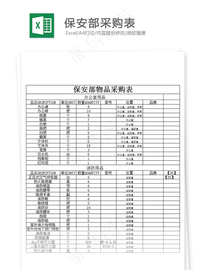 保安部采购表