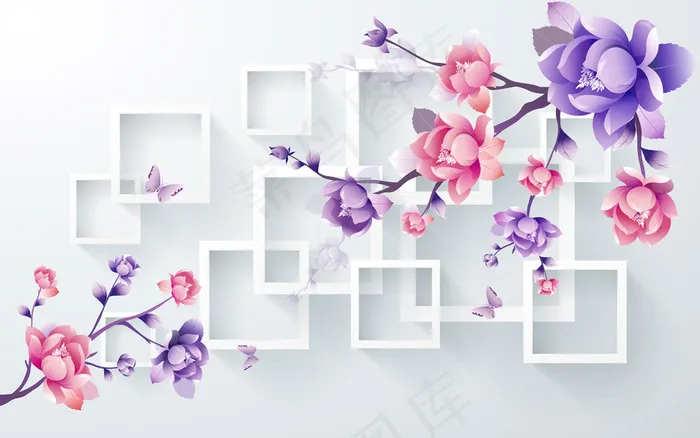 紫色浪漫花朵3D电视背景墙(9071X5669(DPI:72))psd模版下载