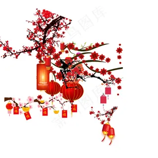 中国风梅枝大红灯笼新年喜庆元素 中国风梅枝大红灯笼新年喜庆元素