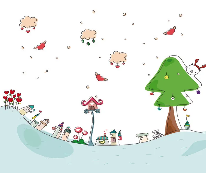 卡通风景图 云朵 树木 会飞的桃心