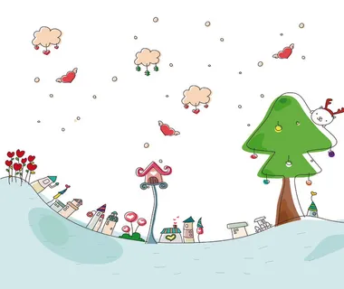 卡通风景图 云朵 树木 会飞的桃心 卡通风景图 云朵 树木 会飞的桃心
