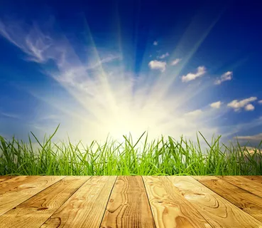 木地板绿草蓝天图片