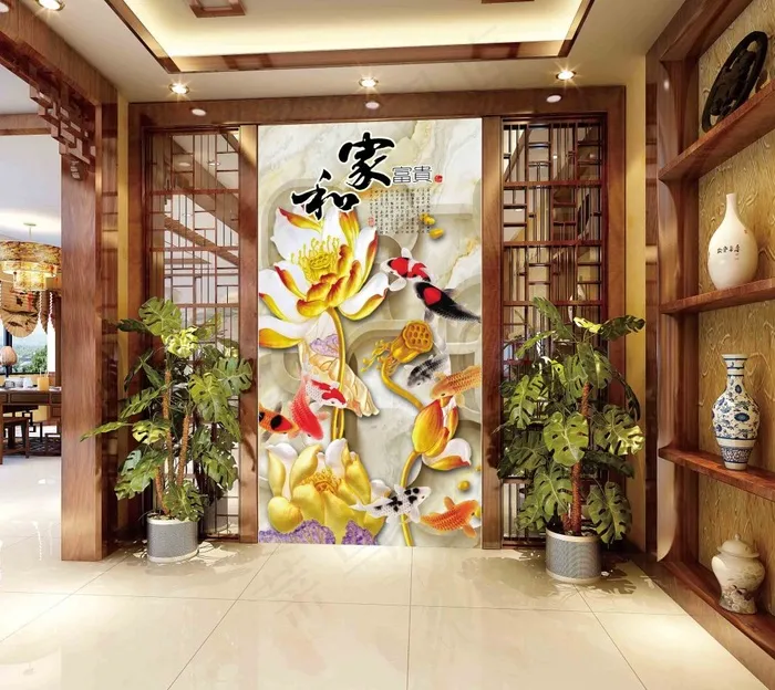 家和富贵中式玄关九鱼图(3402X6803(DPI:72))psd模版下载