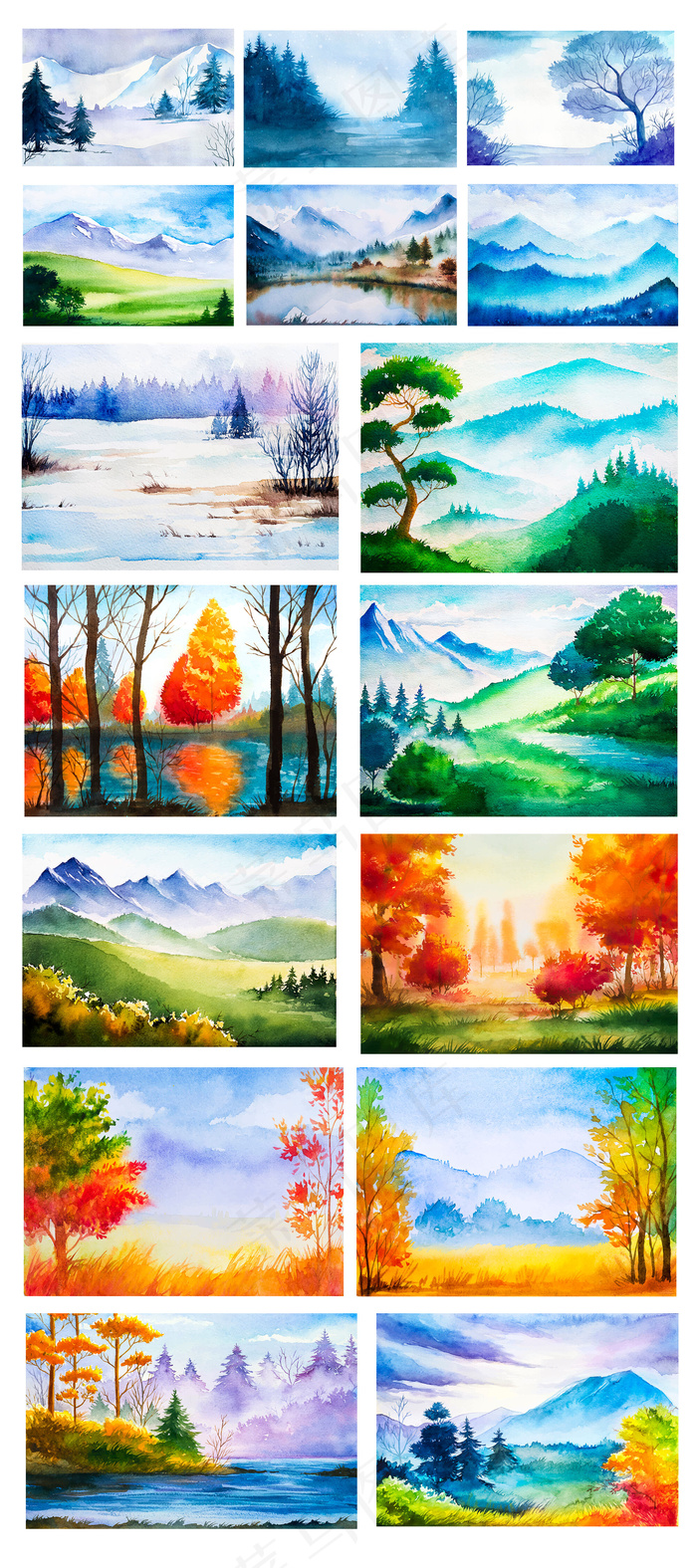 矢量水彩秋冬山水风景插画素材(138X101)eps,ai矢量模版下载