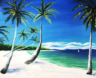 沙滩大海油画图片