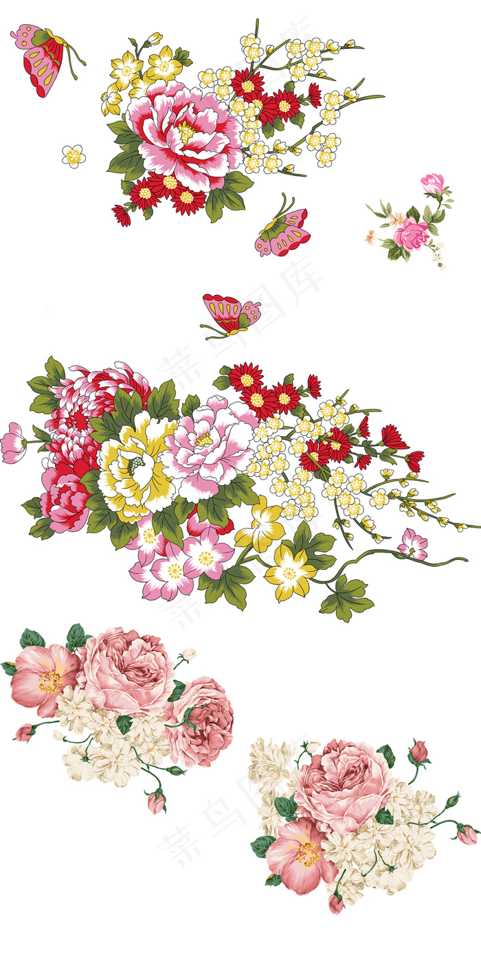 高清花卉艳丽手绘牡丹玫瑰插图